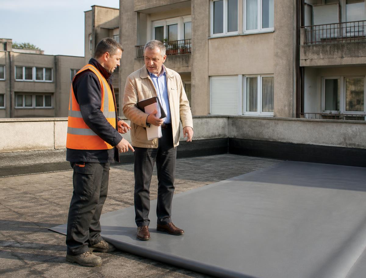 Specialist în hidroizolații discutând cu administratorul unui bloc pe terasă, lângă o rolă de membrană